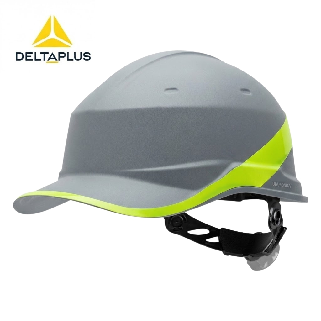 Gray industrial safety helmet with a neon yellow stripe, shown from the side with an adjustable chin strap; DeltaPlus logo visible in the top-left corner.