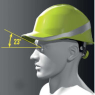 Side profile of a person wearing a yellow hard hat; graphic shows a 23-degree head/eye tilt