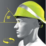 Safety helmet on a head with a 50-degree forward tilt and circular neck-rotation cue, illustrating helmet fit and motion guidelines.