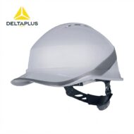 White DeltaPlus hard hat helmet with silver trim and adjustable strap, product photography.