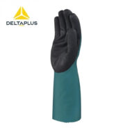Teal long-cuff chemical-resistant glove with a black nitrile palm shown beside a DeltaPlus logo in the corner.