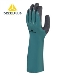 Teal Deltaplus chemical-resistant glove with a long cuff and textured fingertips, logo visible on the back of the hand.