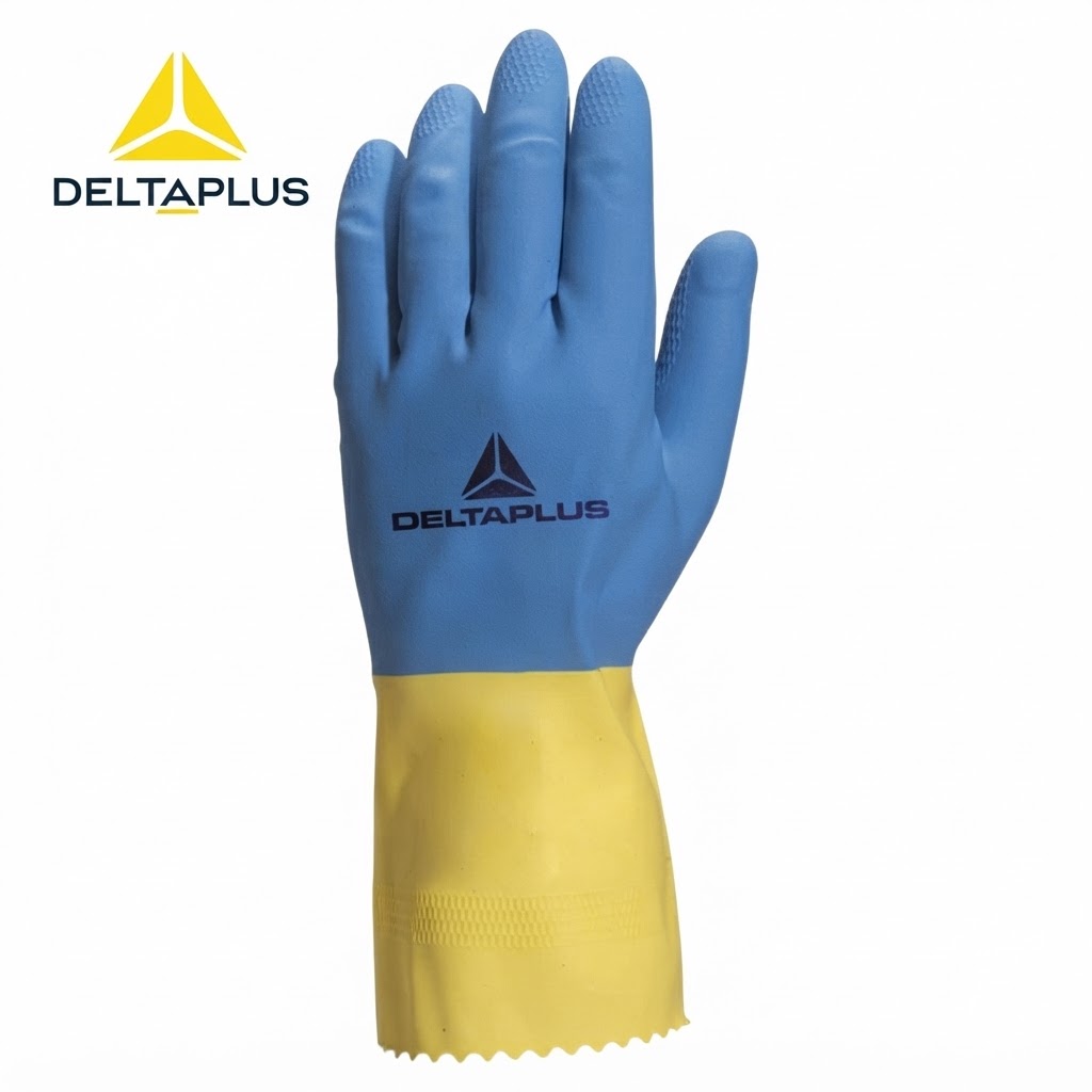 Blue protective glove with a yellow wrist cuff featuring the Delta Plus logo on the back of the hand.