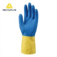Blue DeltaPlus protective glove with a yellow cuff, textured grip, shown on white background.