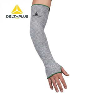 Arm wearing a grey Deltaplus compression sleeve with green trim on the wrist area