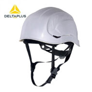White DeltaPlus safety helmet with black adjustable chin straps, shown from the side on a white background