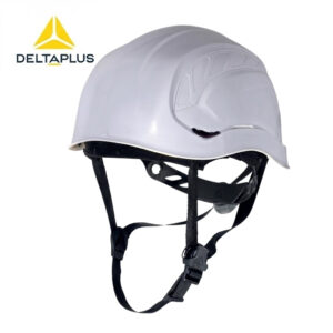 White DeltaPlus safety helmet with black adjustable chin straps, shown from the side on a white background