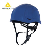 Blue safety helmet with adjustable chin strap, used for construction or industrial protection (DeltaPlus logo shown).