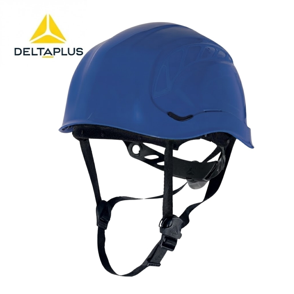 Blue safety helmet with adjustable chin strap, used for construction or industrial protection (DeltaPlus logo shown).
