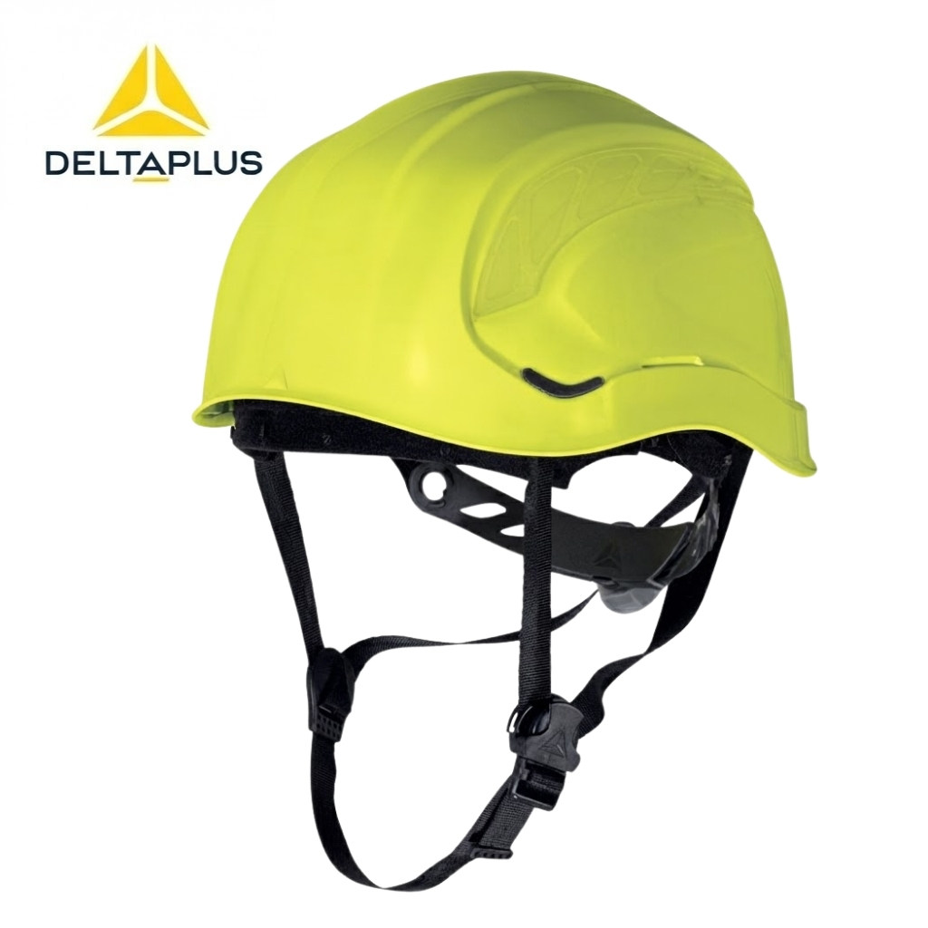 DELTA PLUS GRANITE PEAK YÜKSEKTE ÇALIŞMA AYARLI (3) Yellow hard hat safety helmet with Deltaplús logo, showing chin strap and adjustable fit for head protection (PPE)