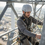 Worker wearing a hard hat and safety harness climbs a metal scaffold, handling ropes at height.