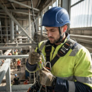 Construction worker in a blue helmet and high-visibility jacket attaching a carabiner to a rope at an industrial site.