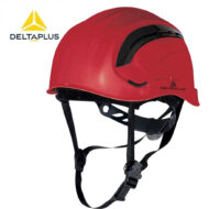 Red Delta Plus safety helmet with black adjustable chin straps, shown from the side with logo visible