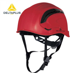 Red Delta Plus safety helmet with black adjustable chin straps, shown from the side with logo visible