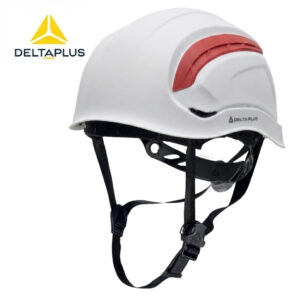 White safety helmet with red vent stripe and black chin straps, Delta Plus logo visible in the corner