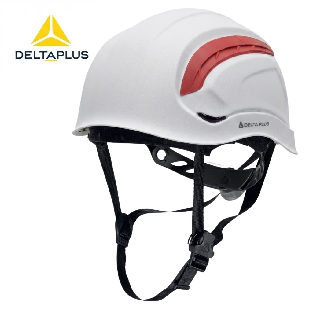 DELTA PLUS GRANITE WIND YÜKSEKTE ÇALIŞMA AYARLI BARET (3) White safety helmet with red vent stripe and black chin straps, Delta Plus logo visible in the corner