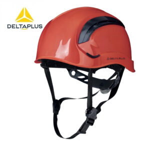 Orange Delta Plus safety hard hat with black adjustable chin straps and internal suspension, branding visible on side.