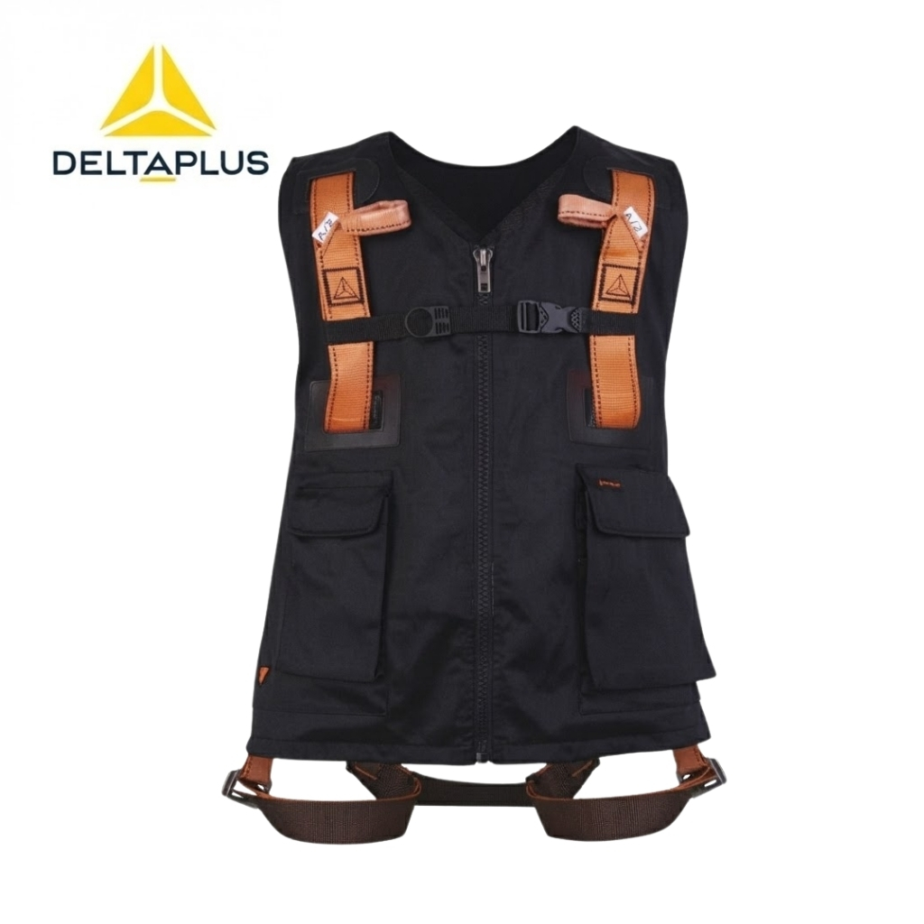 Black DeltaPlus safety vest with orange harness straps, front zipper and cargo pockets.