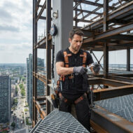 Construction worker in a safety harness and tool belt tightening a wrench on a high-rise steel framework above the city skyline.