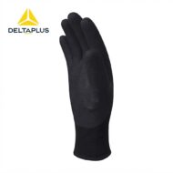 Black textured protective glove with cuff, shown upright; DeltaPlus logo in the top-left corner.