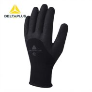 Black DeltaPlus protective glove with textured palm grip on a white background, showing the logo surface.