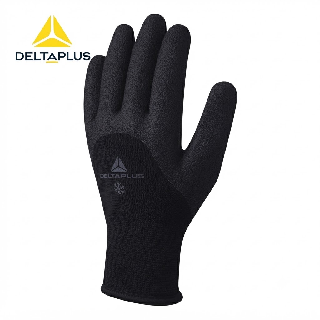 Black DeltaPlus protective glove with textured palm grip on a white background, showing the logo surface.