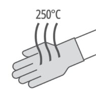 Hand with heat waves near it, indicating exposure to 250°C (heat-resistant context)