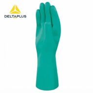Teal rubber glove extending up the forearm, logo of DeltaPlus in the top left corner (informational product image).