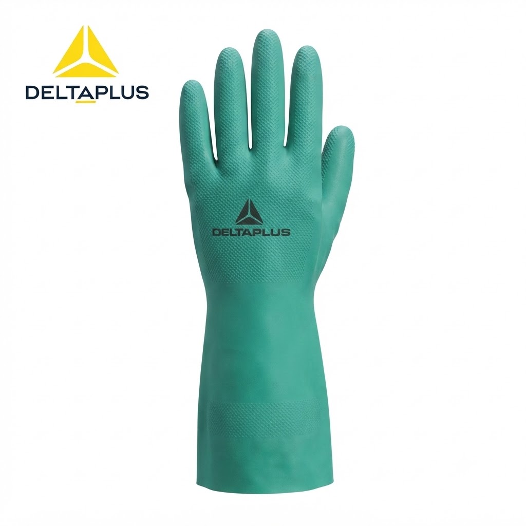 Teal Deltaplus protective rubber glove with the logo visible on the back of the hand.