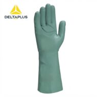 Green rubber work glove with textured grip on palm and fingers, long cuff, DeltaPlus logo in top-left corner