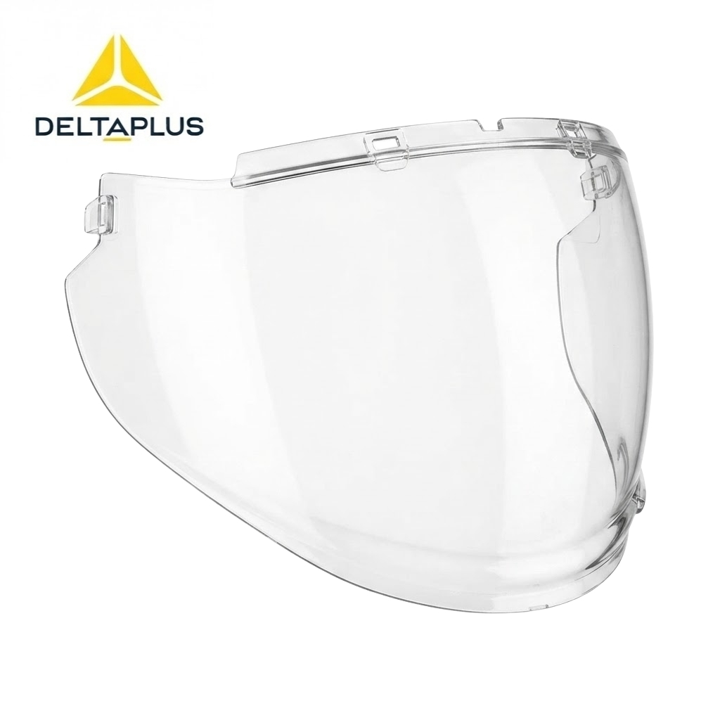 Clear plastic face shield with DeltaPlus logo, designed for full-face protection as PPE.