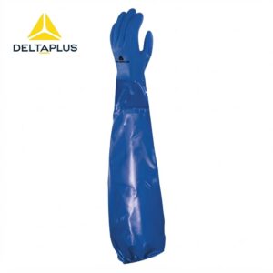 Blue long safety glove (forearm-length) by Deltaplus, shown from palm side against a white background with logo nearby.
