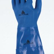 Blue safety glove with Delta Plus logo visible on the back of the hand and sleeve edge in blue.