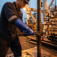 Industrial worker in coveralls wearing blue gloves tightens a vertical pipe with a wrench in an oil/gas facility.