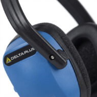 Blue DeltaPlus over-ear headphones close-up showing the ear cup and padding with the DeltaPlus logo visible on the side.