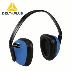 Blue and black DeltaPlus over-ear safety headphones, shown with logo in corner; protective hearing protection product.