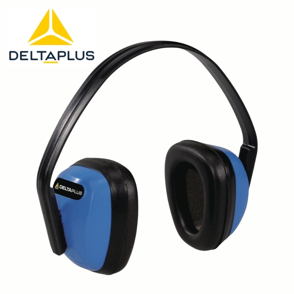 Blue and black DeltaPlus over-ear safety headphones, shown with logo in corner; protective hearing protection product.