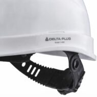 White Delta Plus safety helmet with a black adjustable chin strap and model number 5-686 visible on the rim.