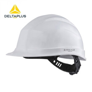 White safety hard hat with an adjustable black strap and Delta Plus branding in the corner of the image.