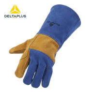 Top view of a blue and tan safety glove branded Deltaplus, with the logo visible on the blue cuff edge.