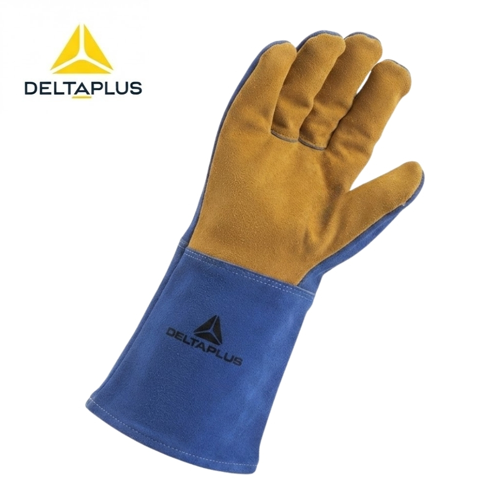 Blue DeltaPlus protective work glove with tan suede palm and cuff logo.