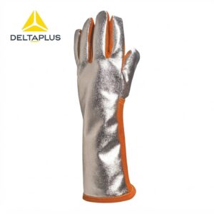 Delta Plus protective glove, long silver heat-resistant sleeve with orange lining and trim.