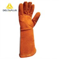 Orange protective work glove with a long cuff, shown against a white background; Delta Plus logo appears in the upper left corner.