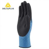 Blue protective glove with black textured palm and blue cuff, Delta Plus logo in the corner.