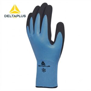 Blue DELTAPLUS protective glove with black-coated fingertips and palm, embossed logo and snowflake on cuff, suitable for winter/insulated grip.