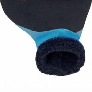 Close-up of a black neoprene boot with a blue ankle strap and textured black sole