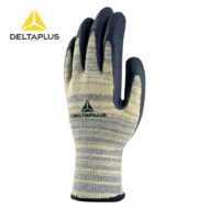 Striped work glove with DeltaPlus branding on a white background.