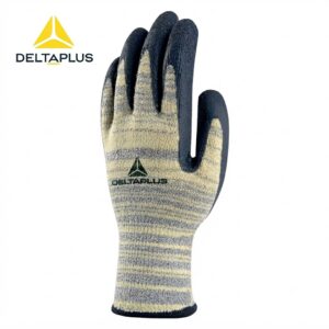 Striped work glove with DeltaPlus branding on a white background.