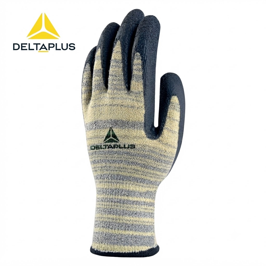 Striped work glove with DeltaPlus branding on a white background.