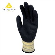 Black protective glove with a beige knitted cuff, DeltaPlus branding visible on white background